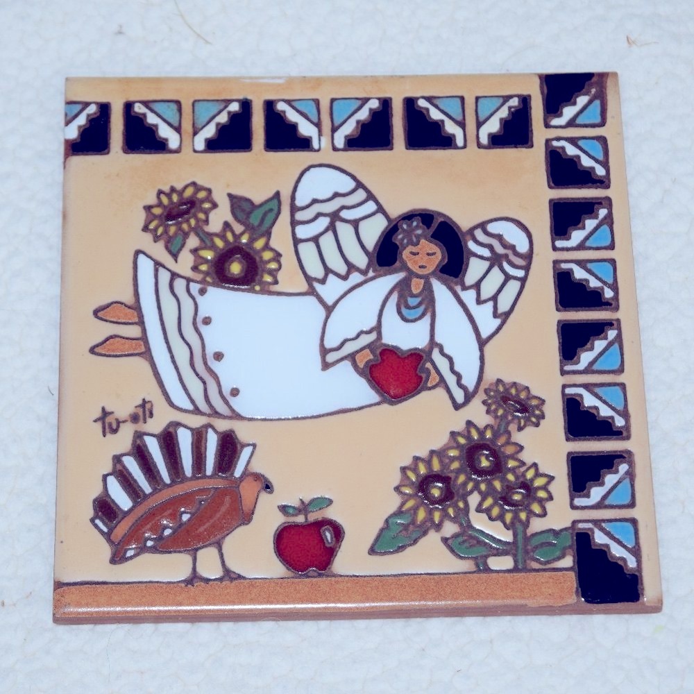 Thanksgiving Angel Blessings Earthtones 1995 Ceramic Tile Trivet Wall Art E93